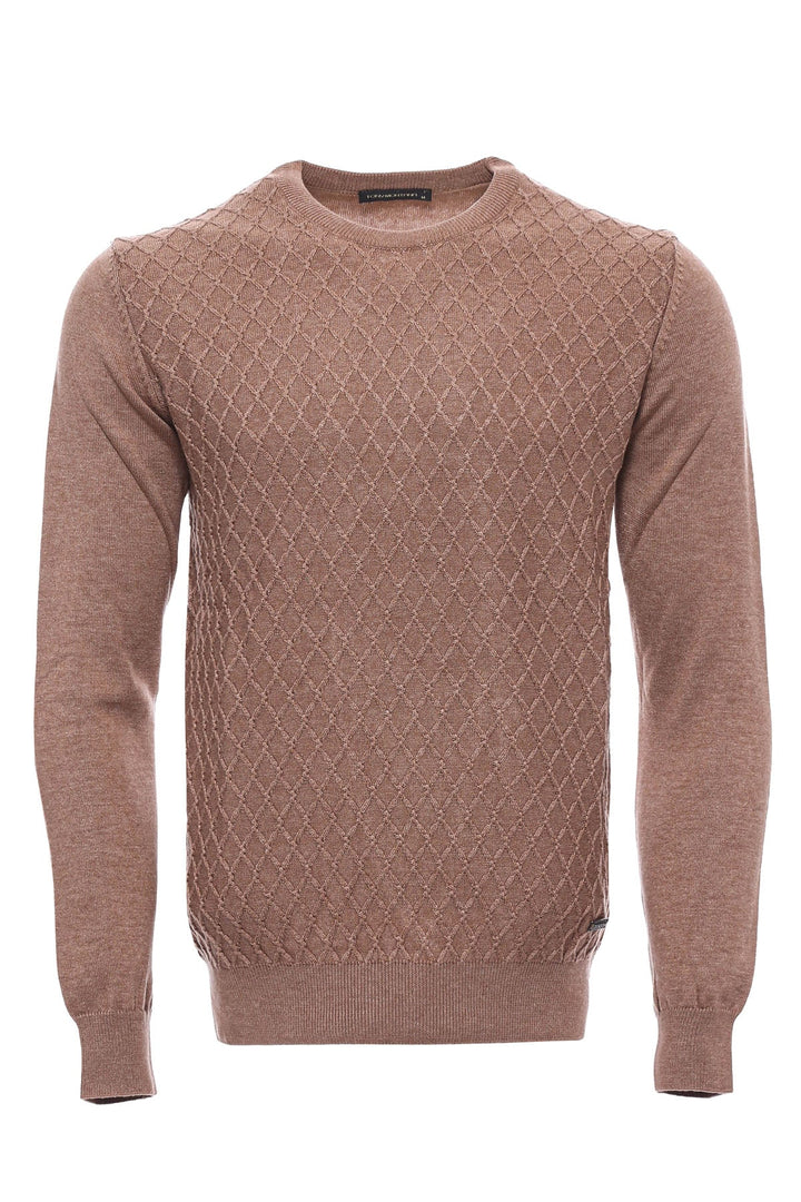 WSS Diamond Pattern Circle Neck Beige Sweater  - Singen