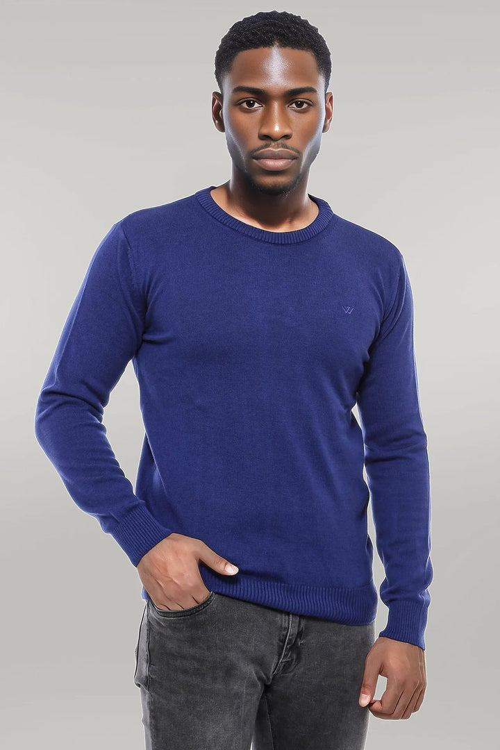 WSS Navy Blue Crew Neck Seckered Plain Knitwear - Singen