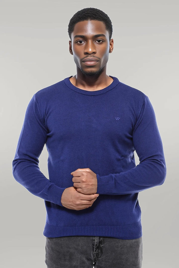 WSS Navy Blue Crew Neck Seckered Plain Knitwear - Singen