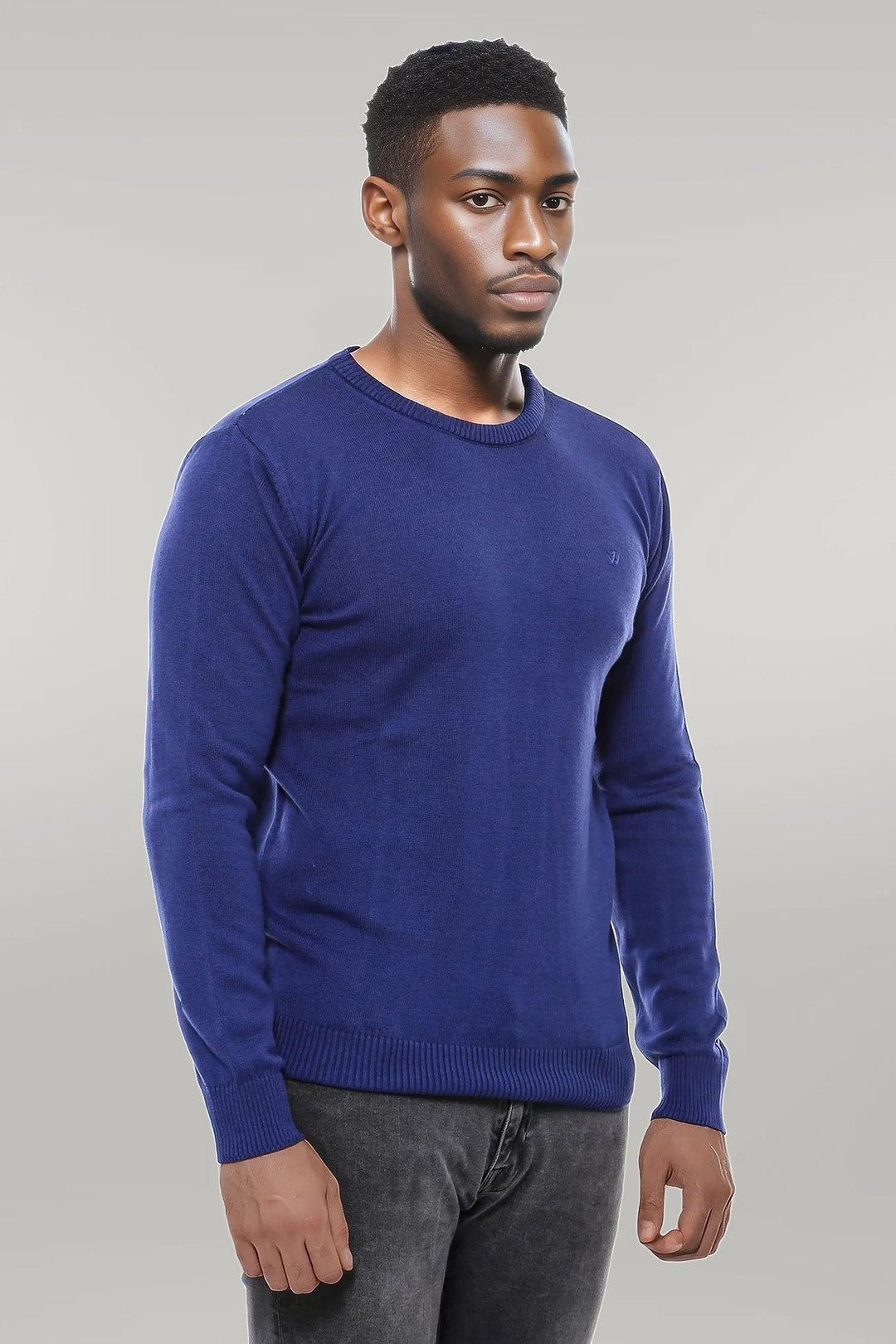 WSS Navy Blue Crew Neck Seckered Plain Knitwear - Singen