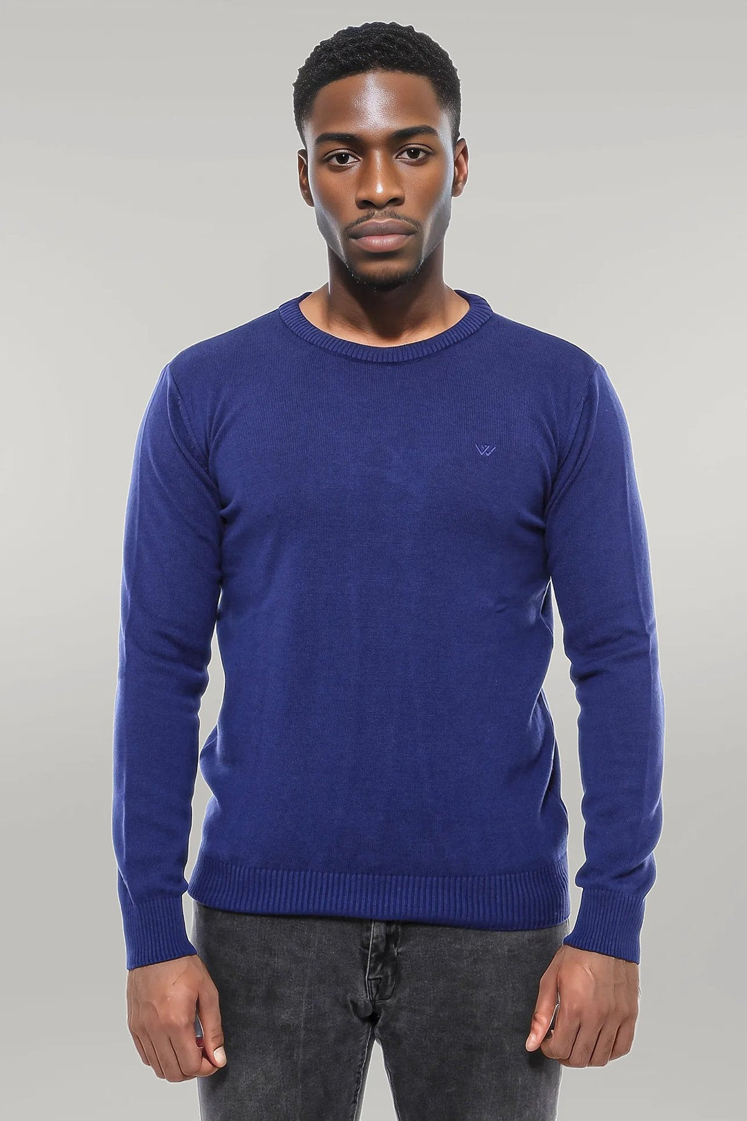 WSS Navy Blue Crew Neck Seckered Plain Knitwear - Singen