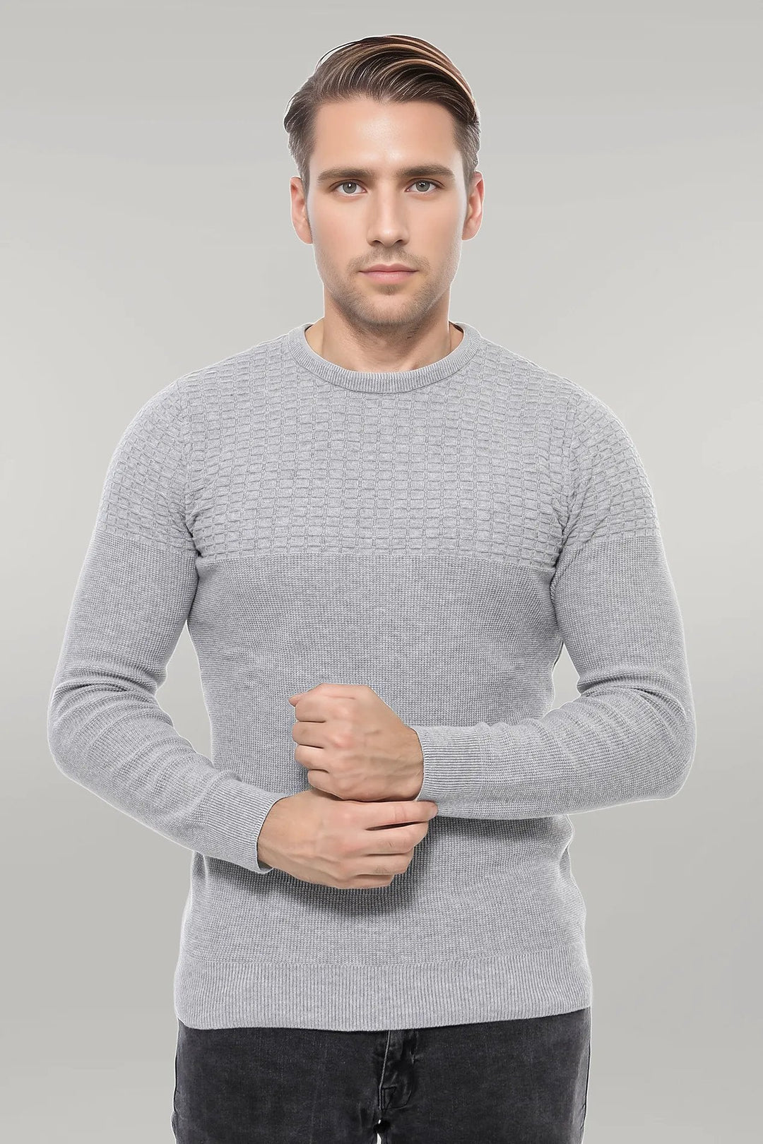 WSS Circle Neck Patterned Light Grey Men Knitwear  - Singen