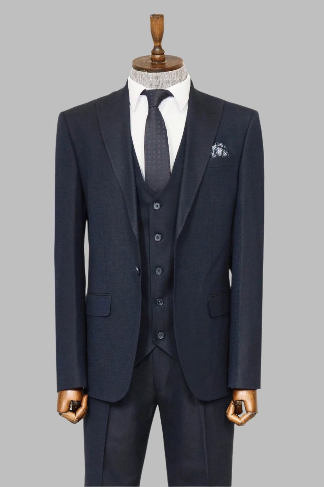 WSS 3 -Piece Single Button Peak Lapel Navy Blue Men Suit  - Singen