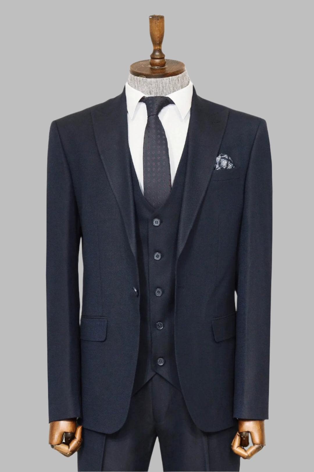 WSS 3 -Piece Single Button Peak Lapel Navy Blue Men Suit  - Singen