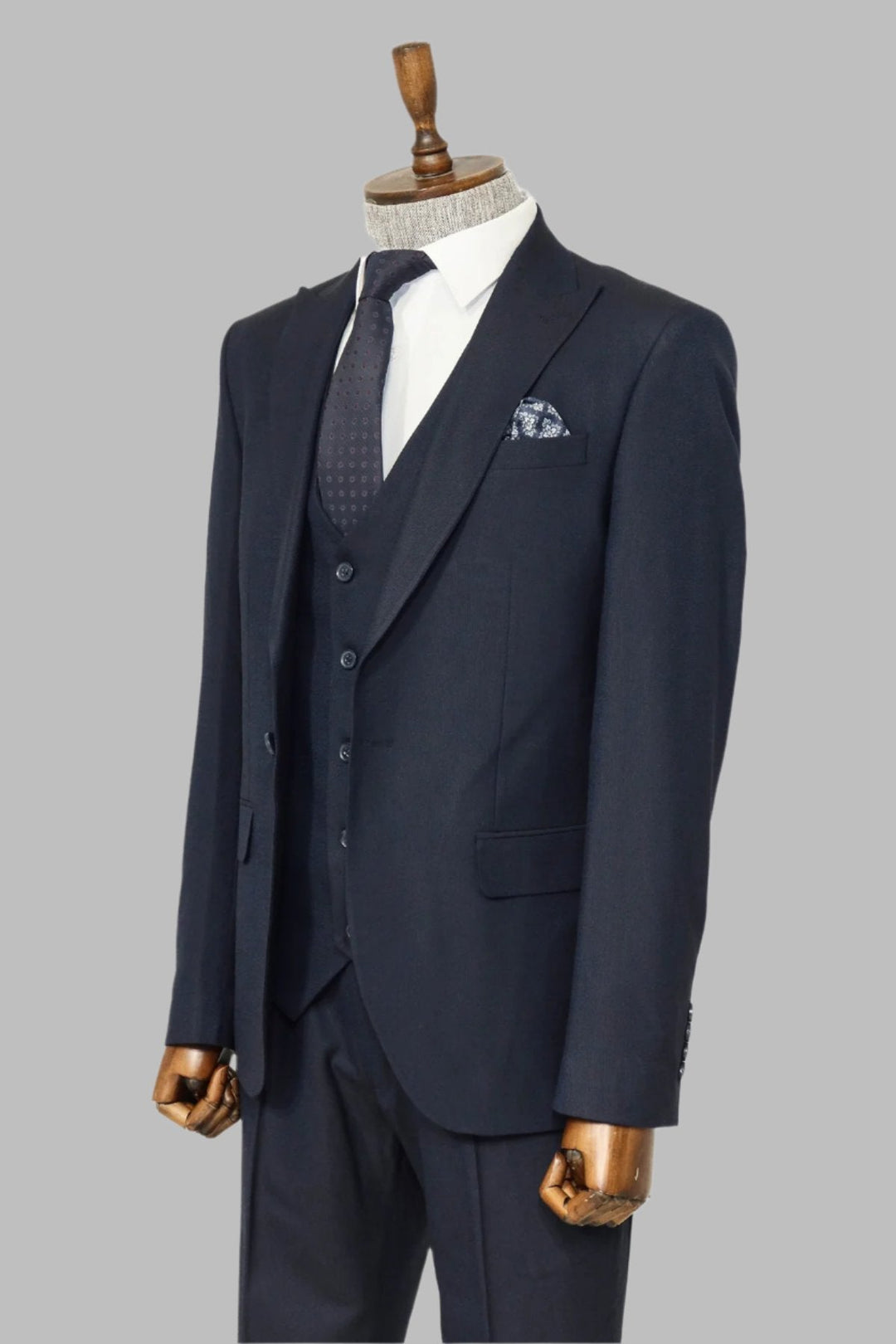 WSS 3 -Piece Single Button Peak Lapel Navy Blue Men Suit  - Singen