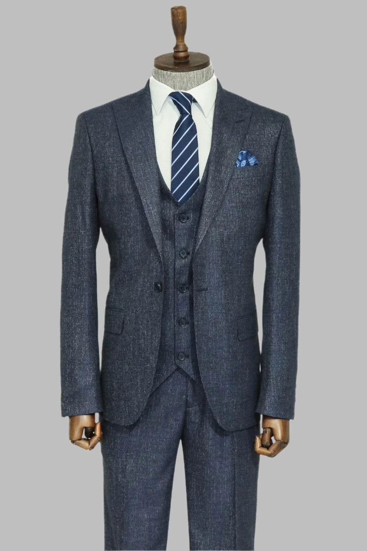 WSS 3 -Piece Single Button Peak Lapel Grey Blue Men Suit  - Singen