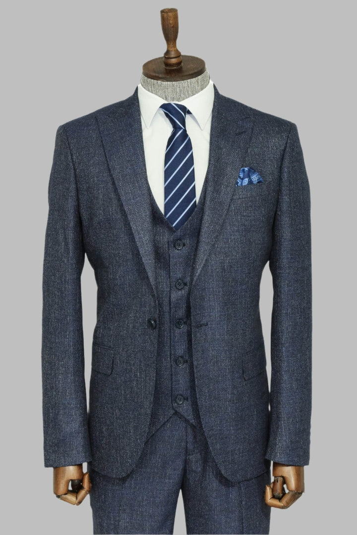 WSS 3 -Piece Single Button Peak Lapel Grey Blue Men Suit  - Singen