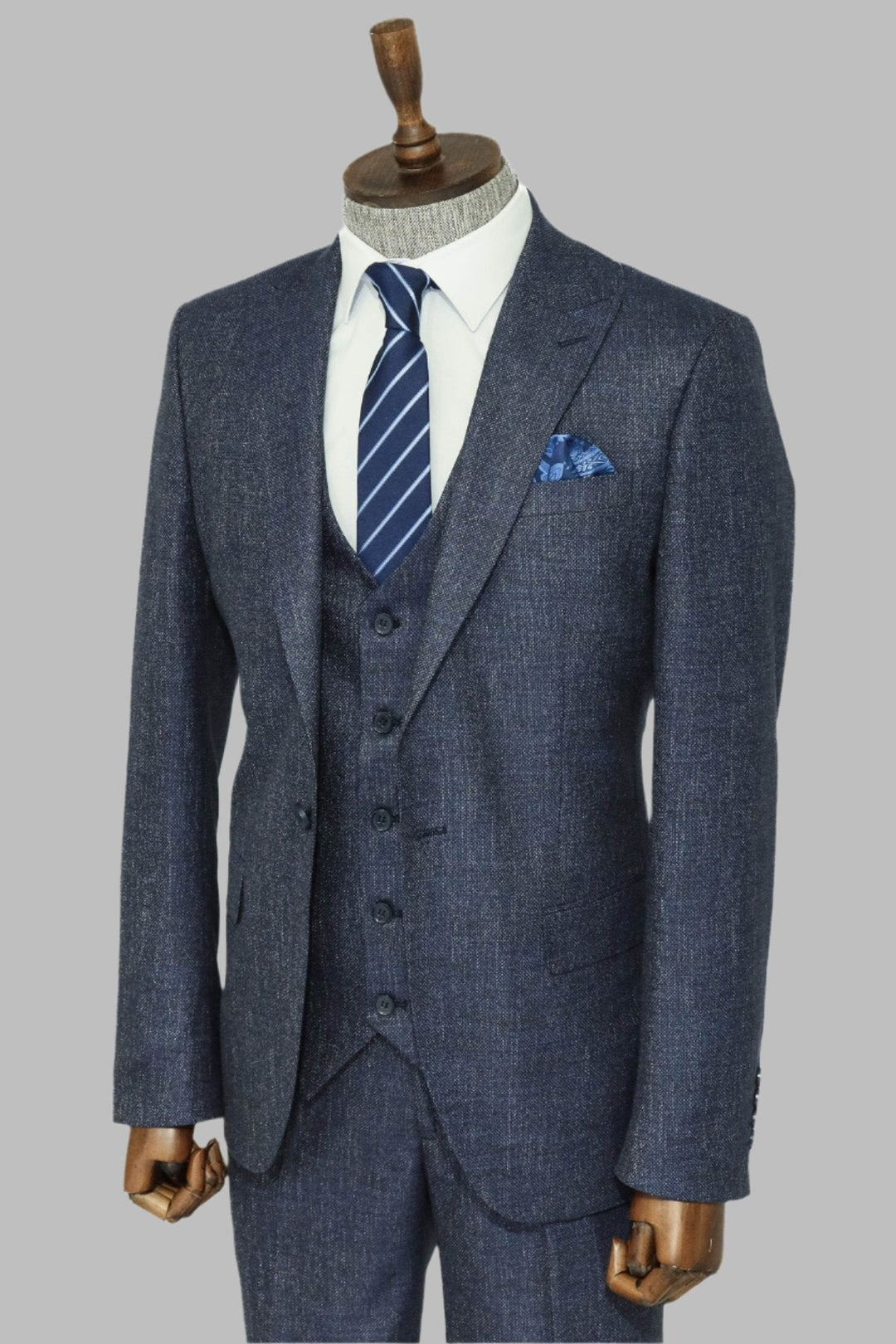 WSS 3 -Piece Single Button Peak Lapel Grey Blue Men Suit  - Singen