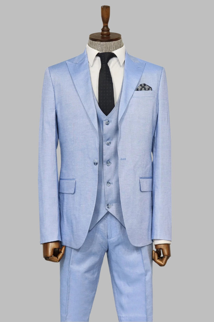 WSS 3 -Piece Single Button Peak Lapel Ice Blue Men Suit  - Singen