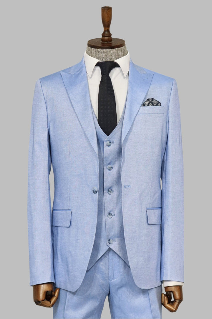 WSS 3 -Piece Single Button Peak Lapel Ice Blue Men Suit  - Singen