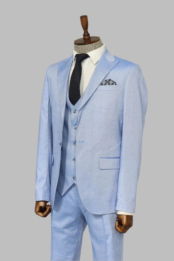 WSS 3 -Piece Single Button Peak Lapel Ice Blue Men Suit  - Singen