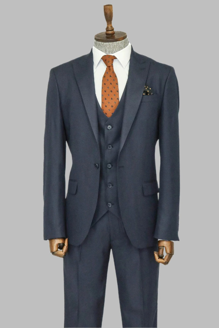 WSS 3 -Piece Single Button Peak Lapel Dark Blue Men Suit  - Singen