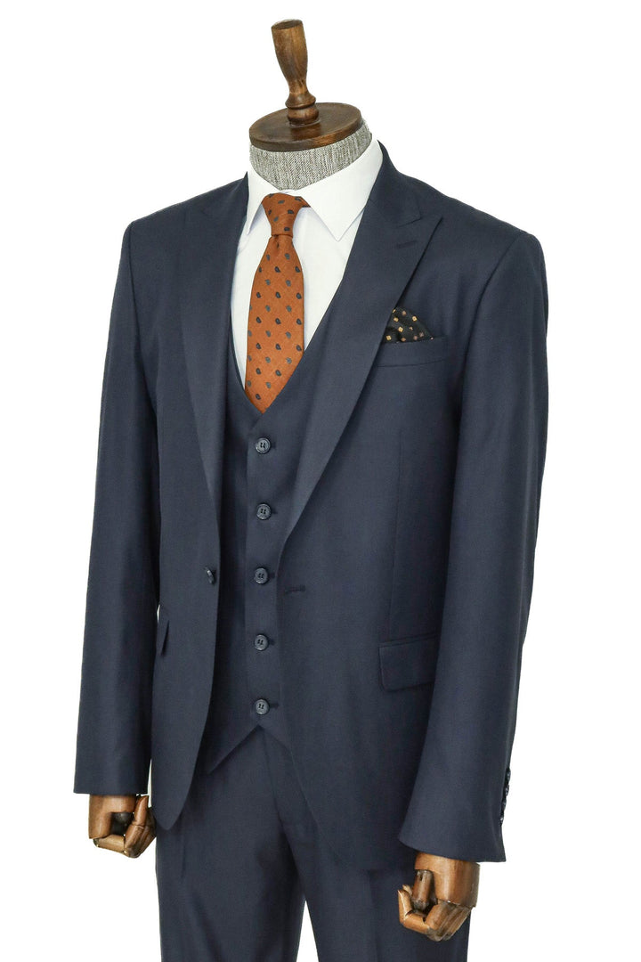 WSS 3 -Piece Single Button Peak Lapel Dark Blue Men Suit  - Singen