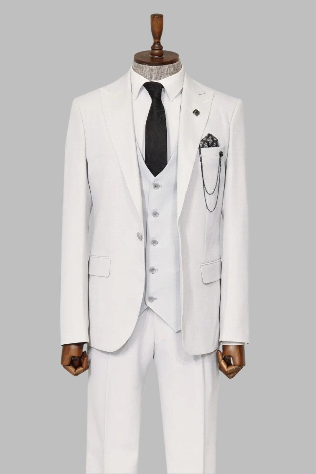 WSS 3 -Piece Single Button Peak Lapel White Men Suit  - Singen