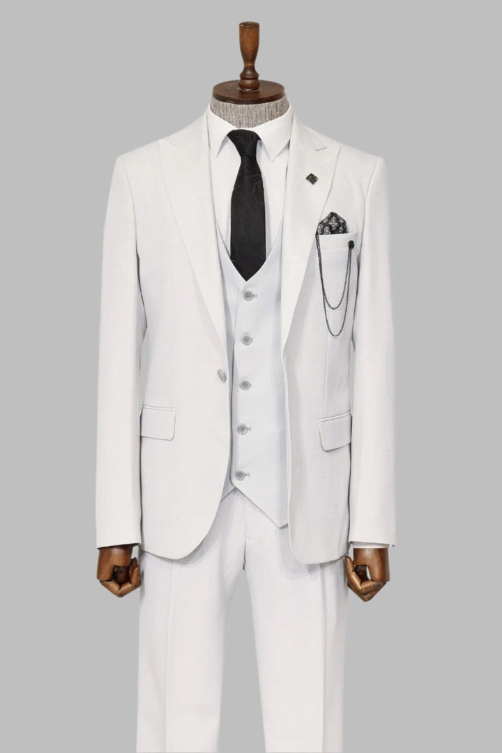 WSS 3 -Piece Single Button Peak Lapel White Men Suit  - Singen