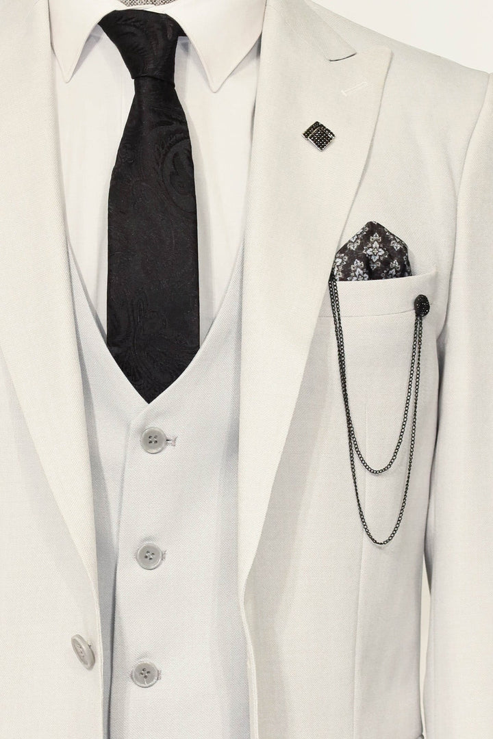 WSS 3 -Piece Single Button Peak Lapel White Men Suit  - Singen