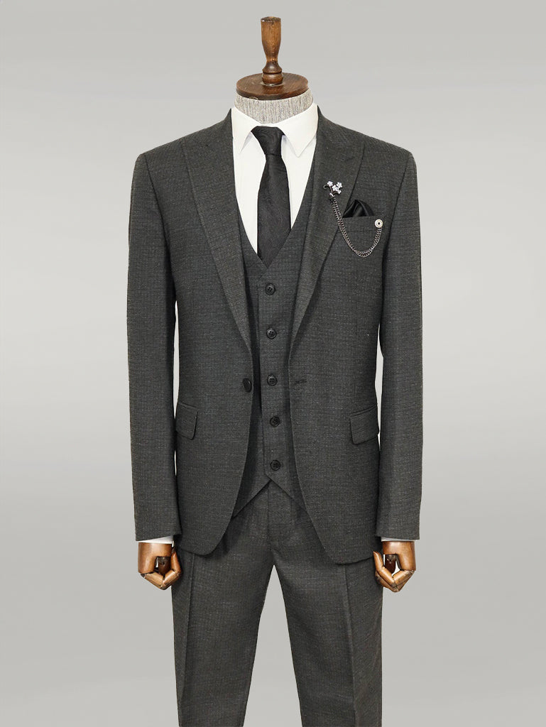 WSS 3 -Piece Single Button Peak Lapel Dark Grey Men Suit  - Singen