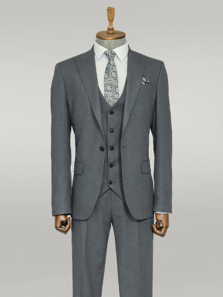 WSS 3 -Piece Single Button Peak Lapel Grey Men Suit  - Singen