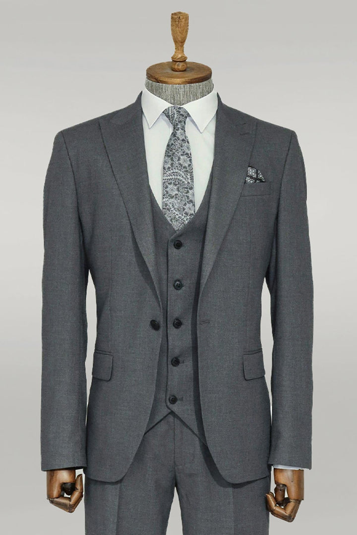 WSS 3 -Piece Single Button Peak Lapel Grey Men Suit  - Singen