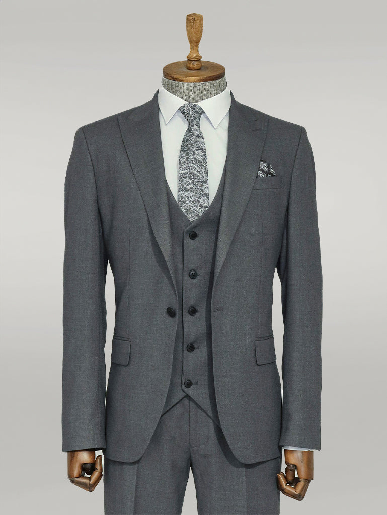 WSS 3 -Piece Single Button Peak Lapel Grey Men Suit  - Singen