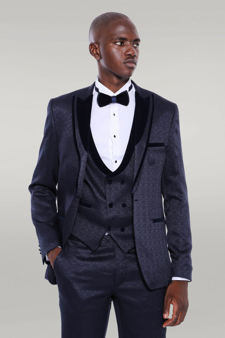 WSS Velvet Lapel Patterned Navy Blue Tuxedo  - Singen