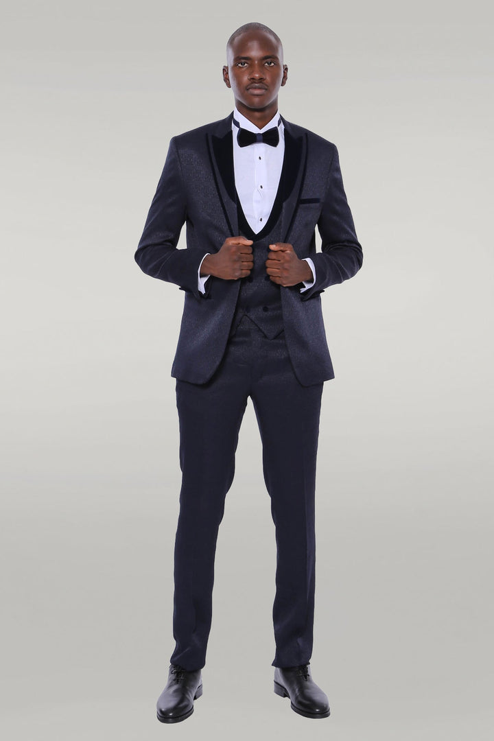 WSS Velvet Lapel Patterned Navy Blue Tuxedo  - Singen