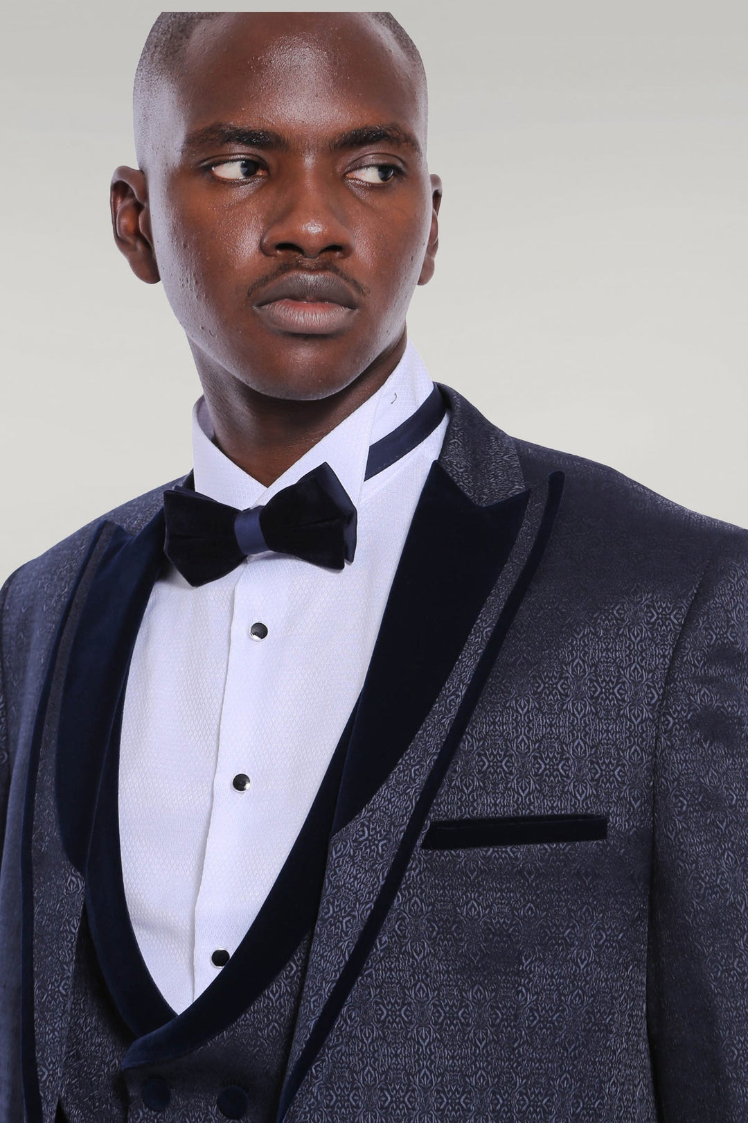 WSS Velvet Lapel Patterned Navy Blue Tuxedo  - Singen