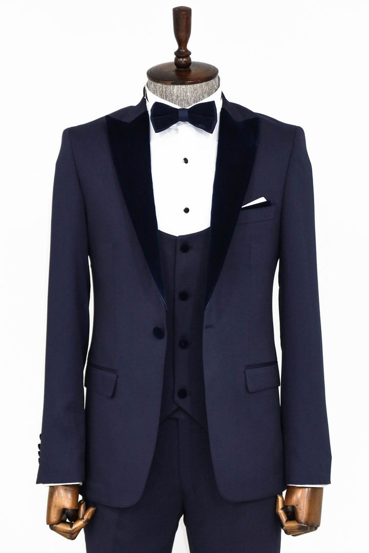 WSS Velvet Lapel Slim Fit Navy Blue Men Tuxedo  - Singen