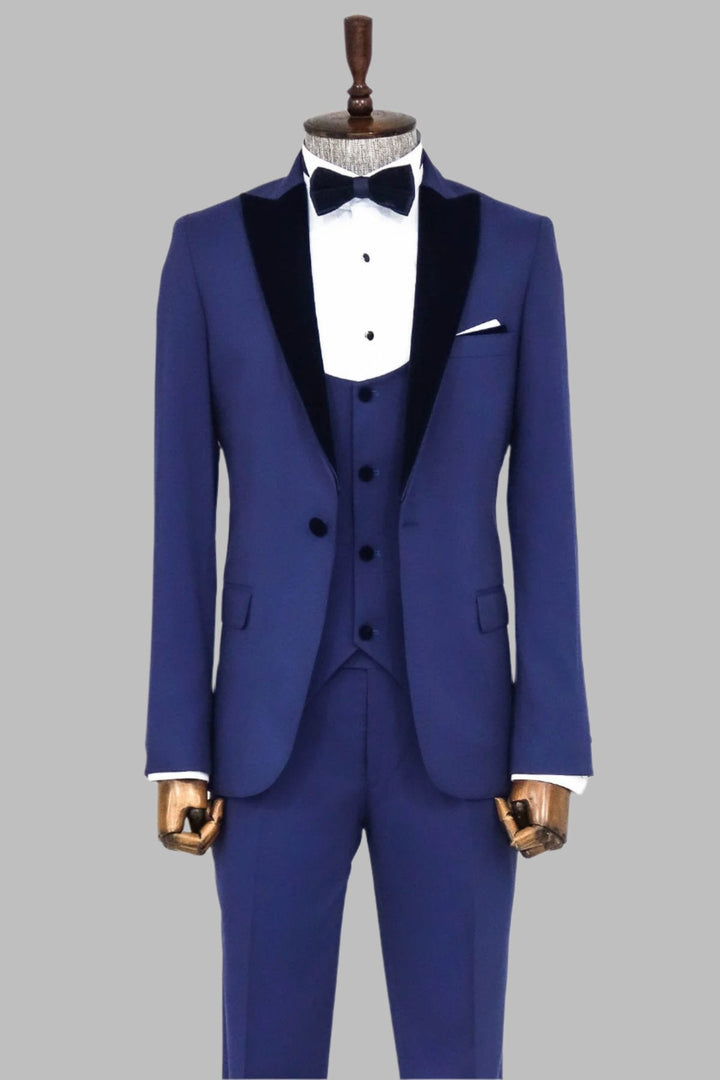 WSS Velvet Lapel Slim Fit Blue Men Suit  - Singen