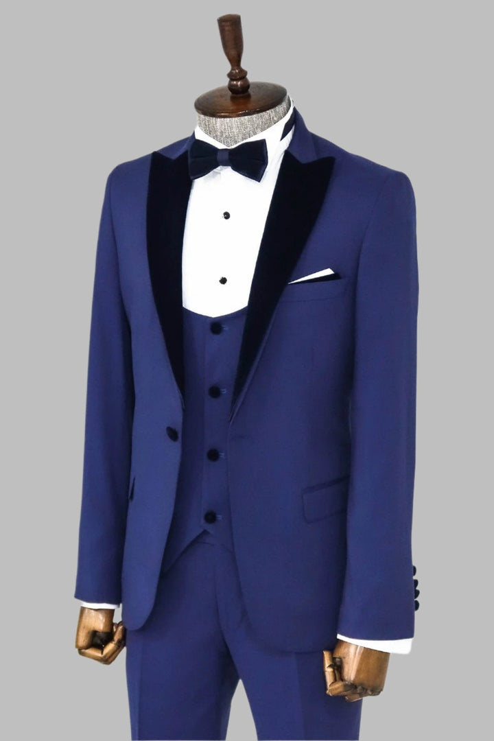 WSS Velvet Lapel Slim Fit Blue Men Suit  - Singen