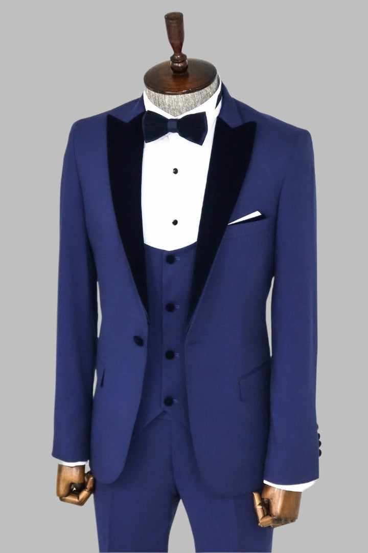 WSS Velvet Lapel Slim Fit Blue Men Suit  - Singen