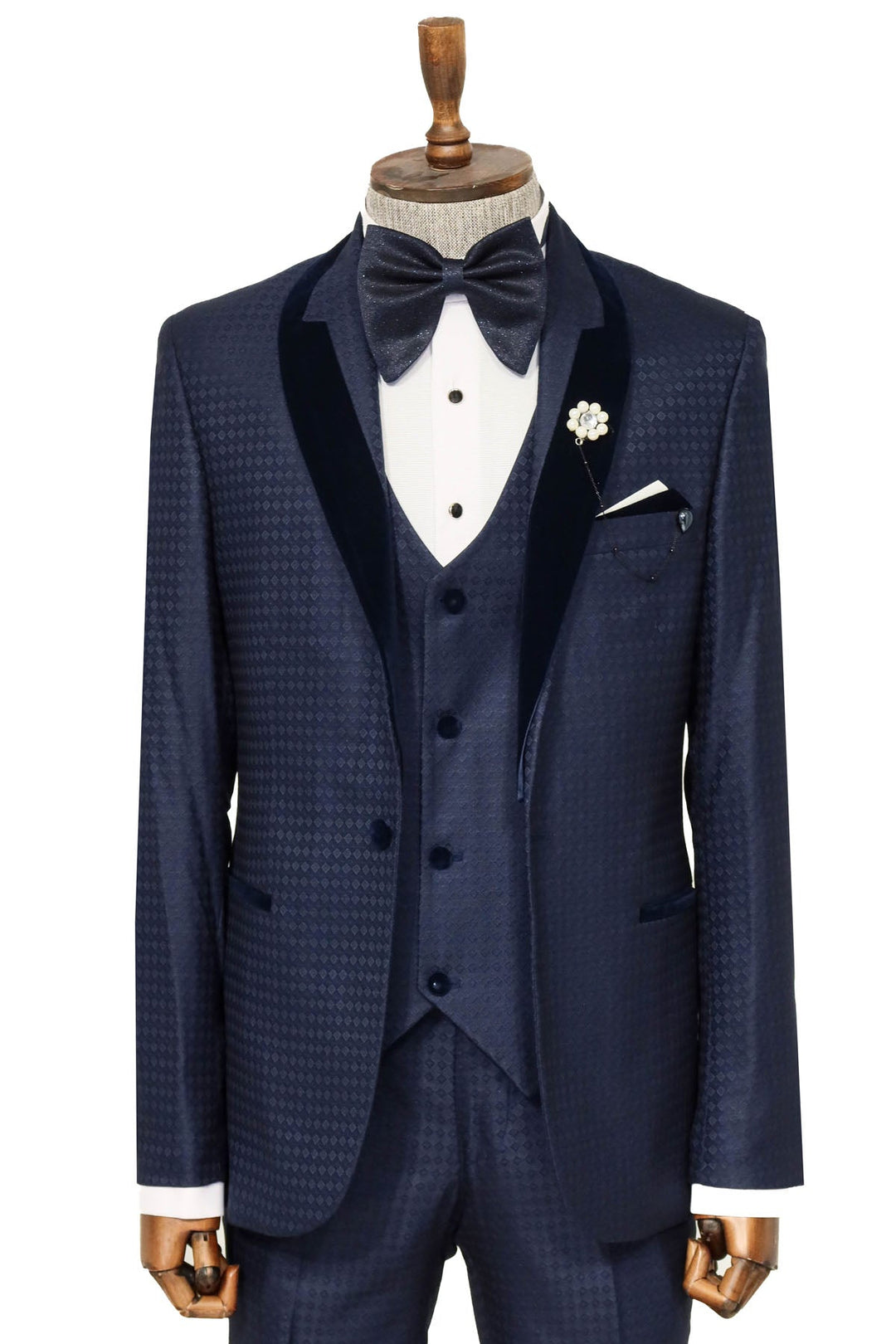 WSS Patterned Velvet Lapel Navy Blue Men Tuxedo  - Singen