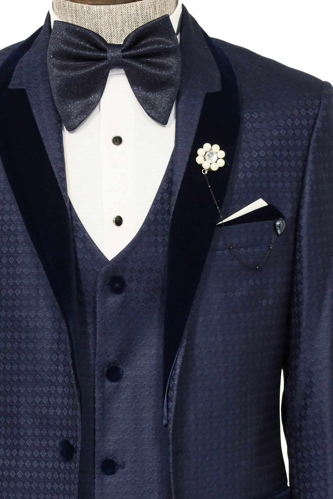 WSS Patterned Velvet Lapel Navy Blue Men Tuxedo  - Singen