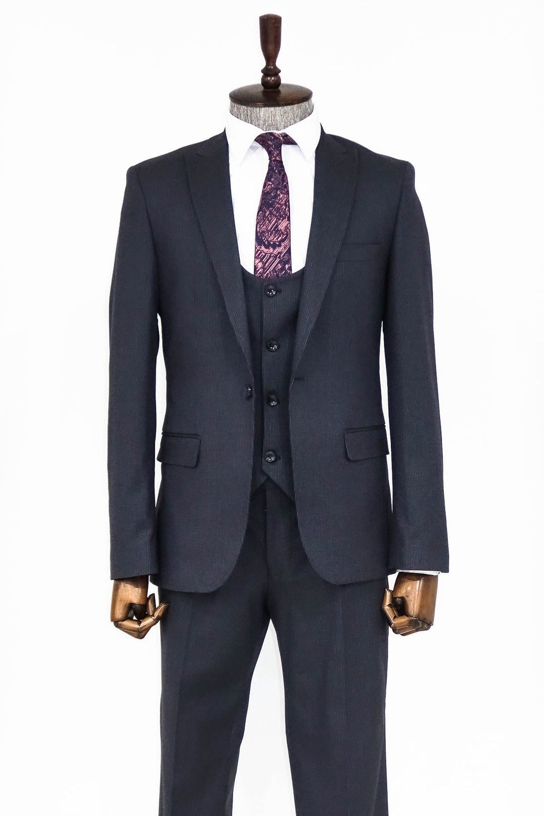 WSS Slim Fit Patterned Navy Blue Men Suit  - Singen