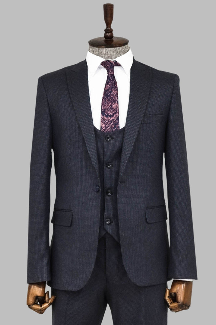 WSS Slim Fit Patterned Navy Blue Men Suit  - Singen