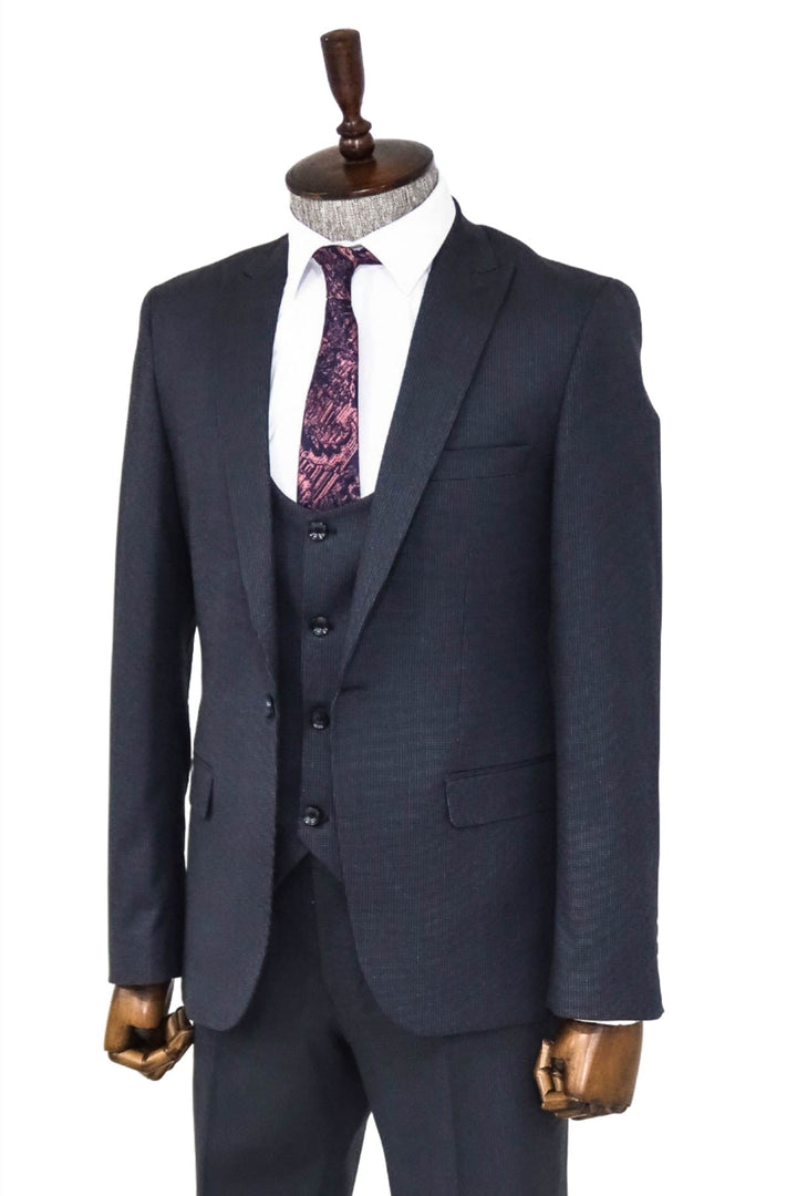 WSS Slim Fit Patterned Navy Blue Men Suit  - Singen