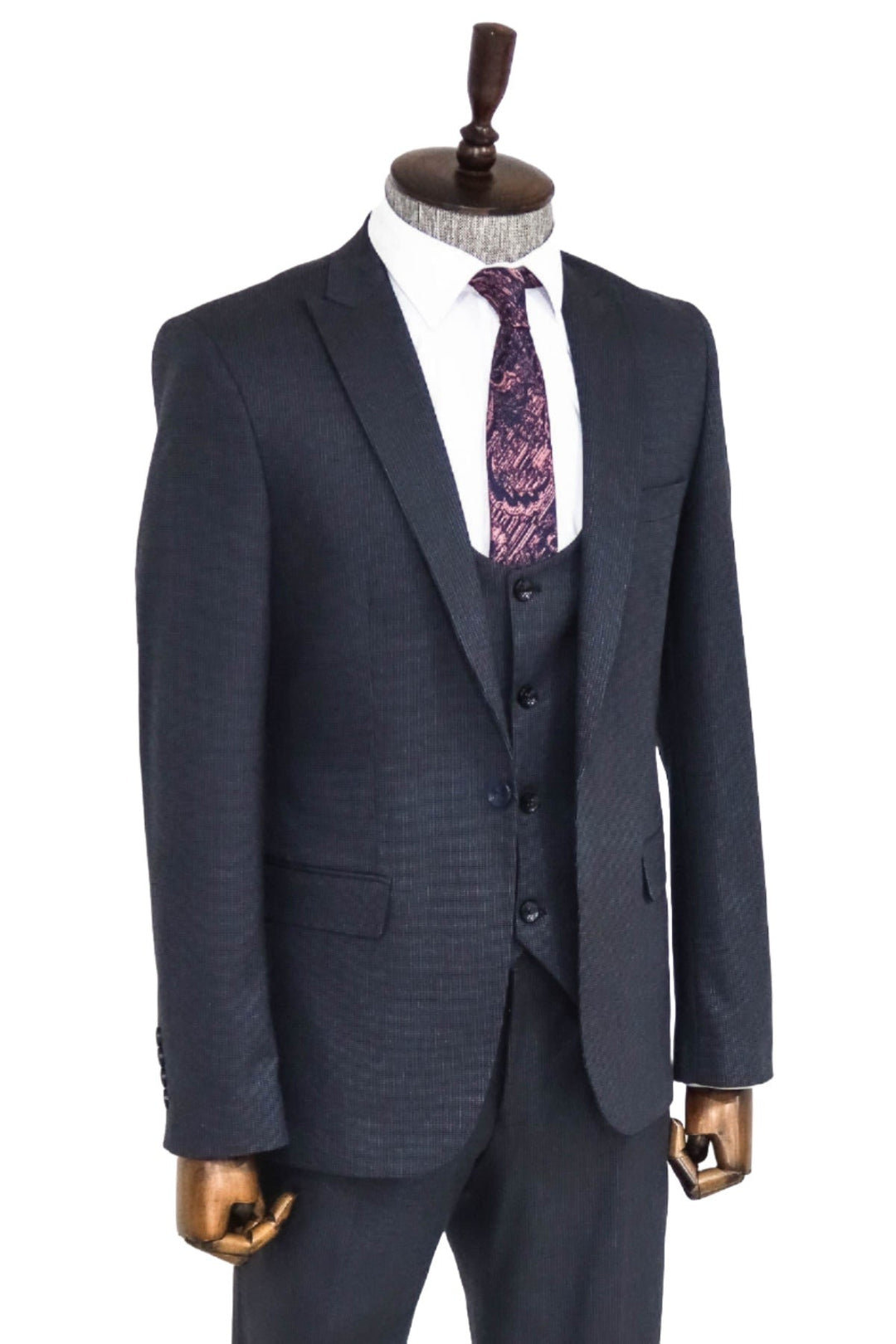 WSS Slim Fit Patterned Navy Blue Men Suit  - Singen