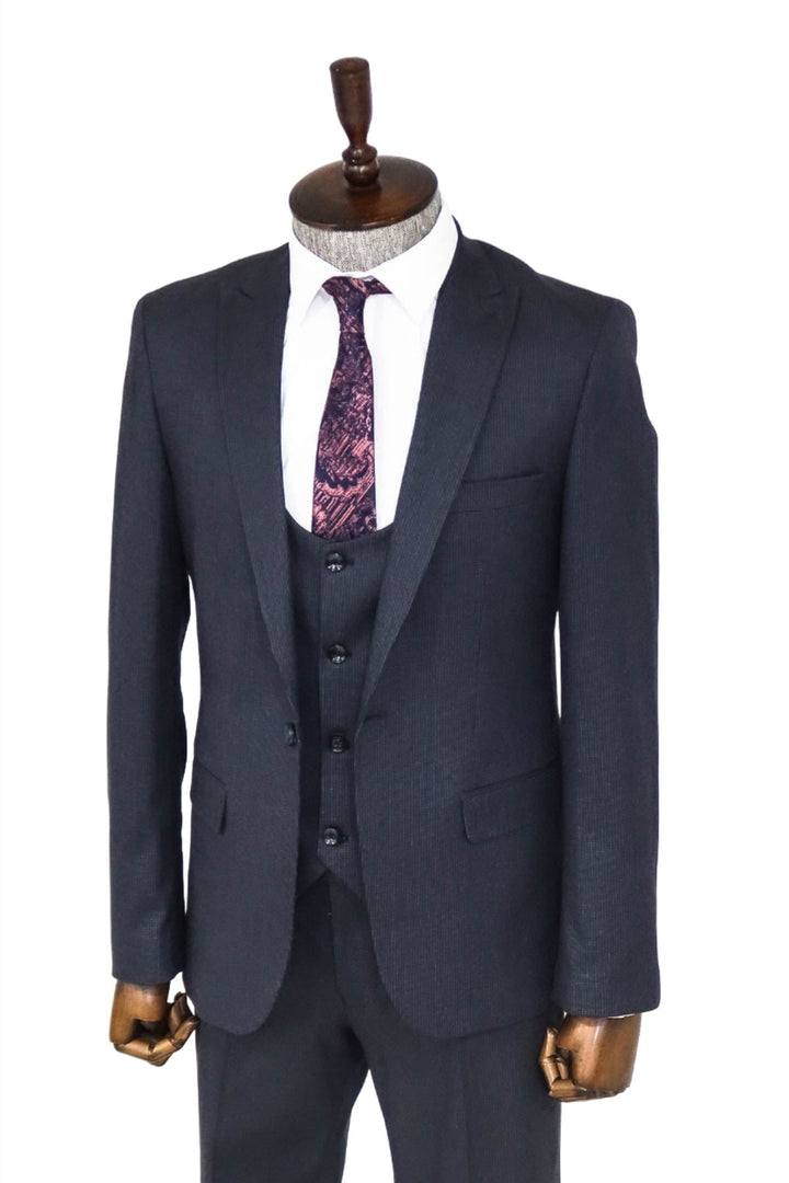 WSS Slim Fit Patterned Navy Blue Men Suit  - Singen