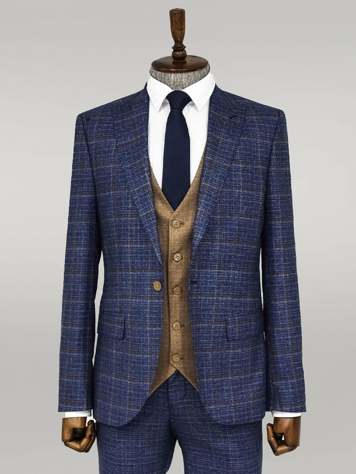 WSS Slim Fit Checked Patterned Navy Blue Men Suit  - Singen