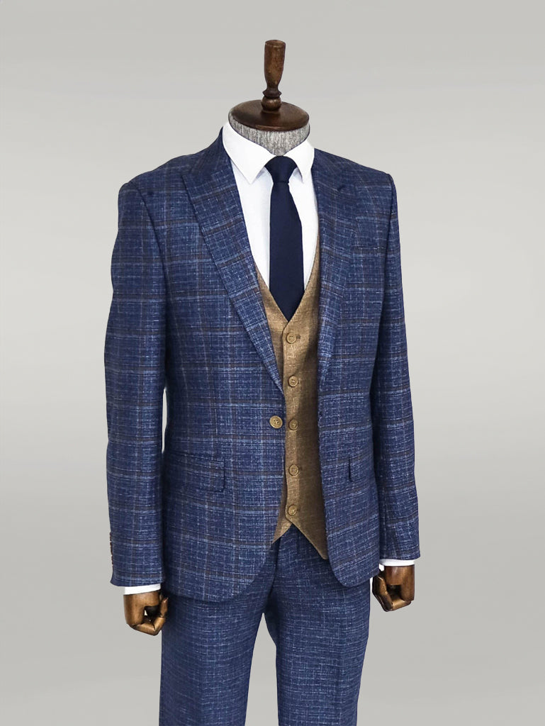 WSS Slim Fit Checked Patterned Navy Blue Men Suit  - Singen