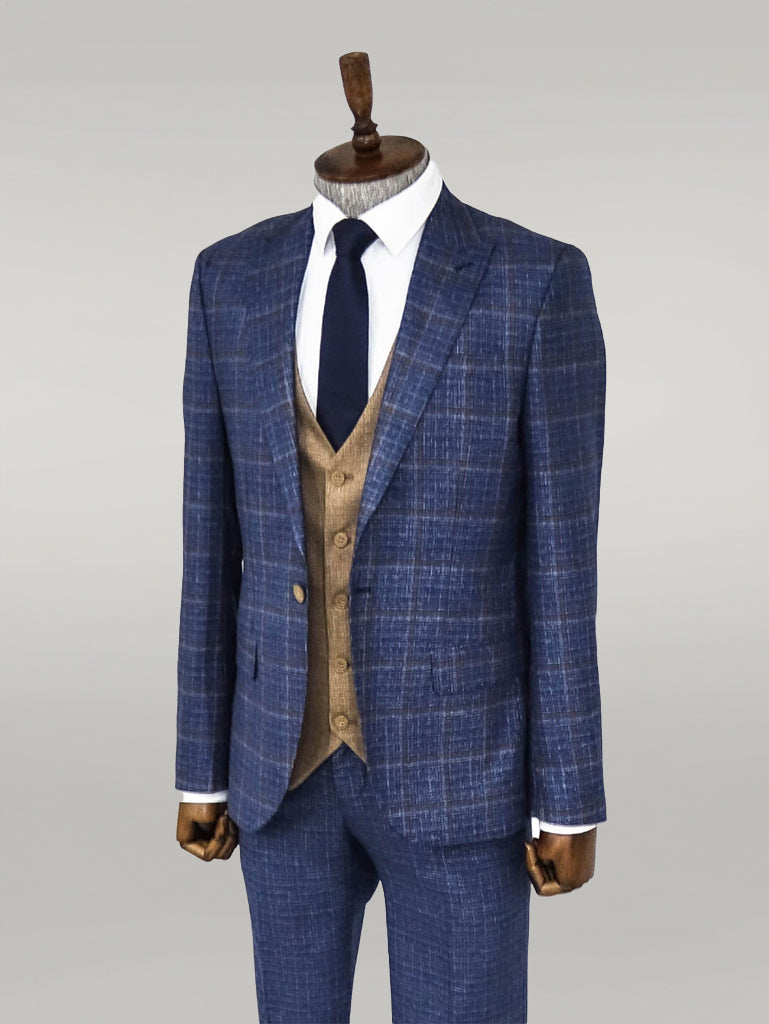 WSS Slim Fit Checked Patterned Navy Blue Men Suit  - Singen