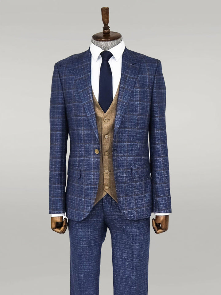 WSS Slim Fit Checked Patterned Navy Blue Men Suit  - Singen