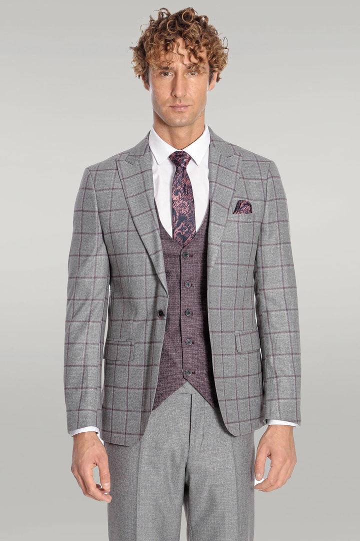 WSS Slim Fit Checked Patterned Grey Men Suit  - Singen