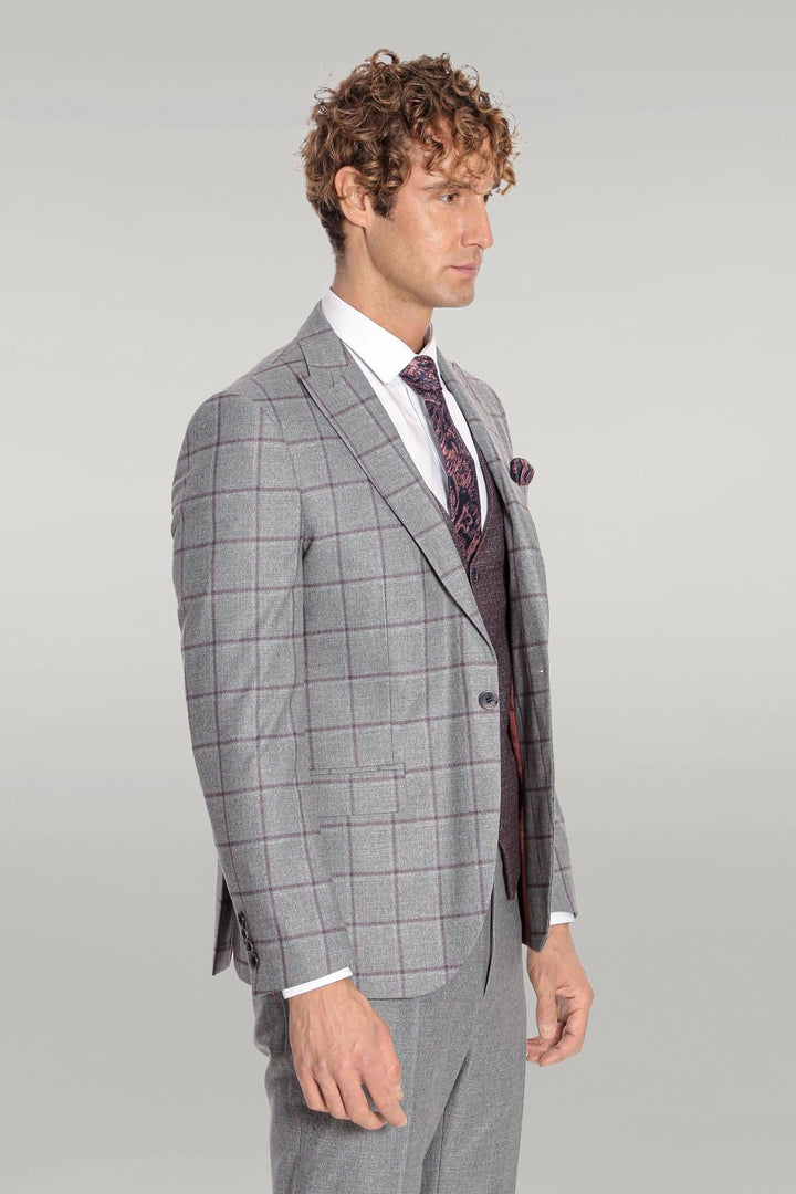 WSS Slim Fit Checked Patterned Grey Men Suit  - Singen