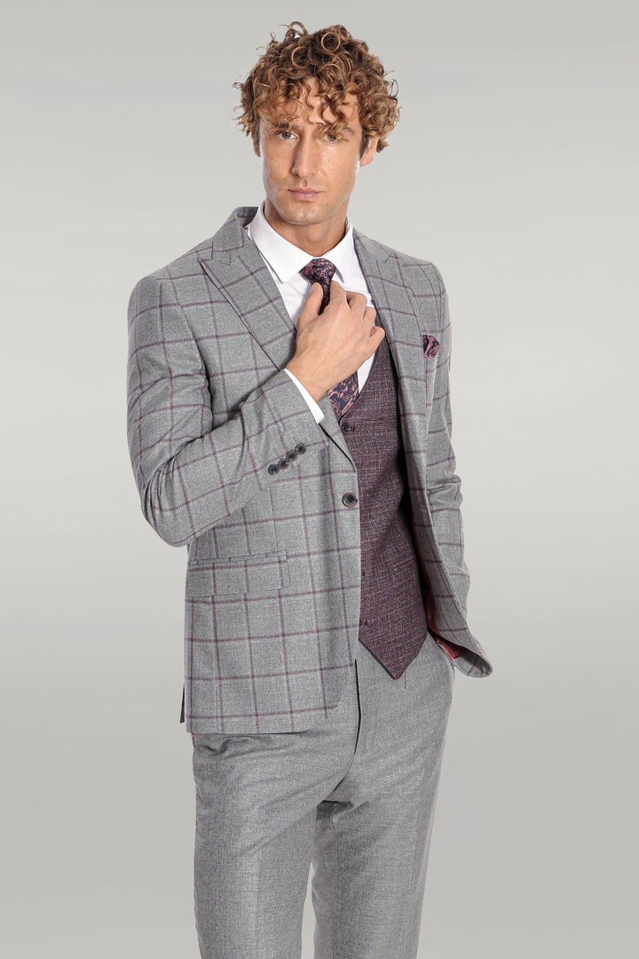 WSS Slim Fit Checked Patterned Grey Men Suit  - Singen