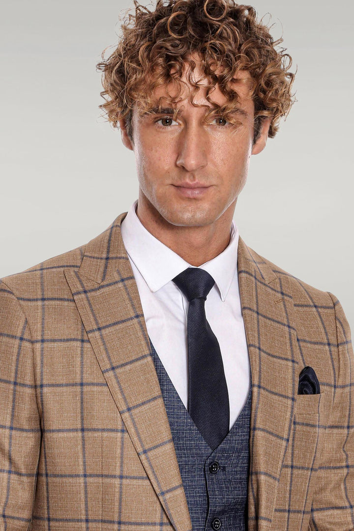 WSS Slim Fit Checked Patterned Brown Men Suit  - Singen