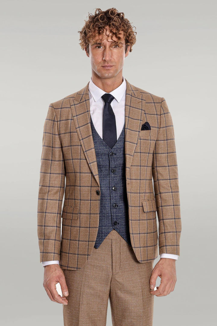 WSS Slim Fit Checked Patterned Brown Men Suit  - Singen