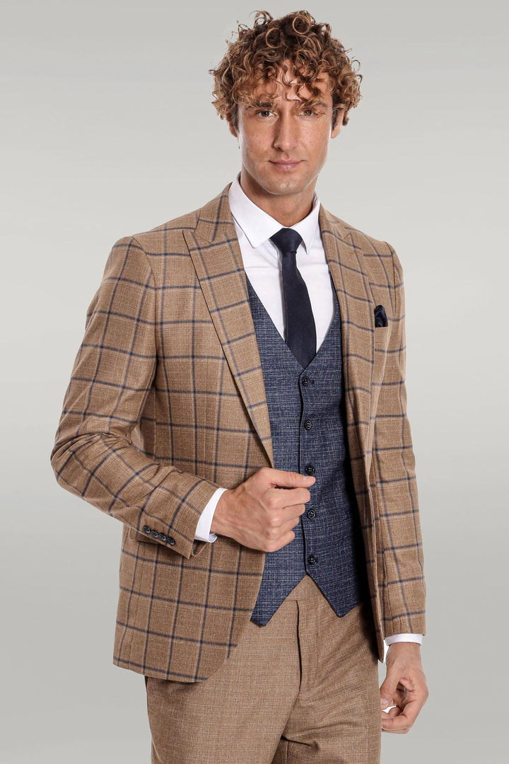 WSS Slim Fit Checked Patterned Brown Men Suit  - Singen