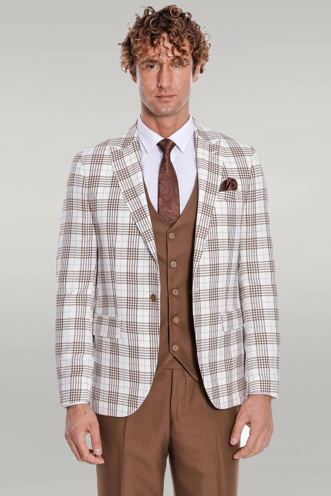 WSS Checked Slim Fit Brown Men Suit  - Singen