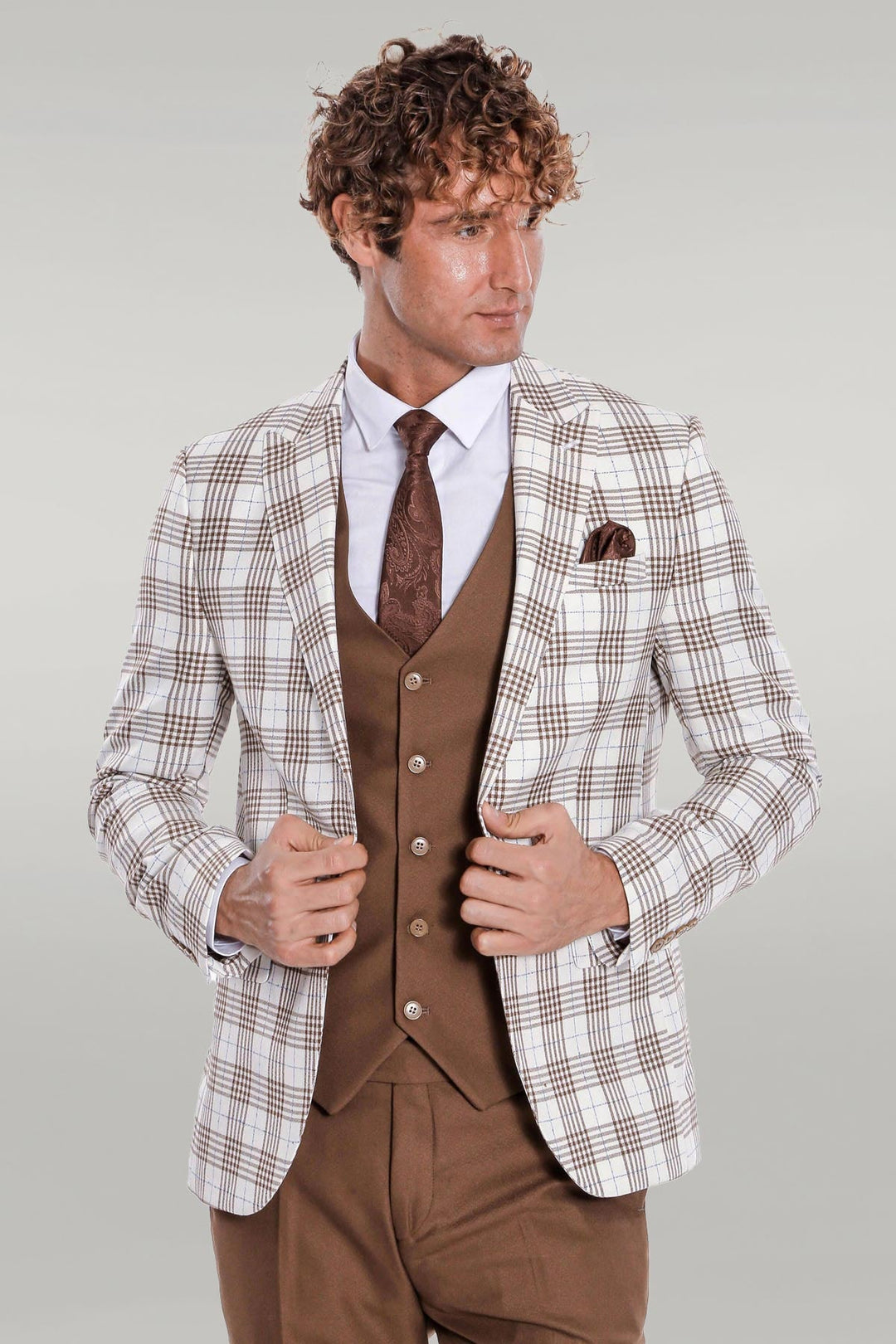 WSS Checked Slim Fit Brown Men Suit  - Singen